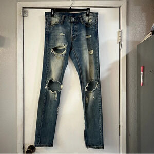 MNML tapered ripped jeans mens zippered ankle distressed blue denim 29